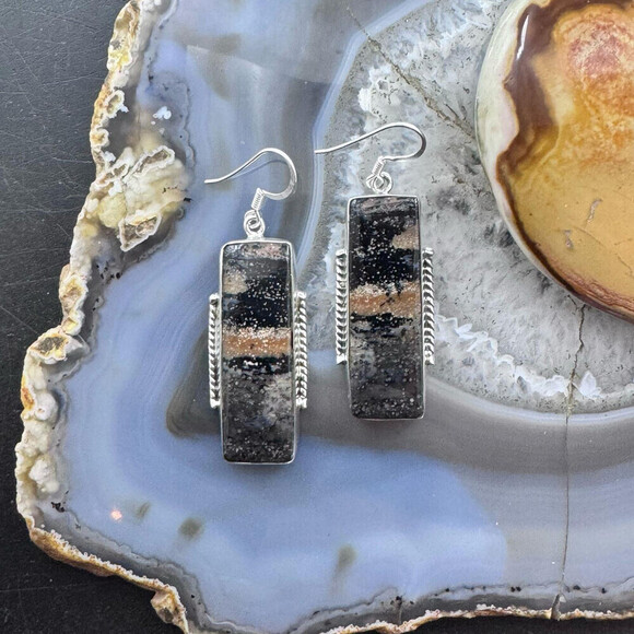 Sterling Southwestern Style Rectangle Honey Dendrite Dangle Earrings For Women - Picture 2 of 10